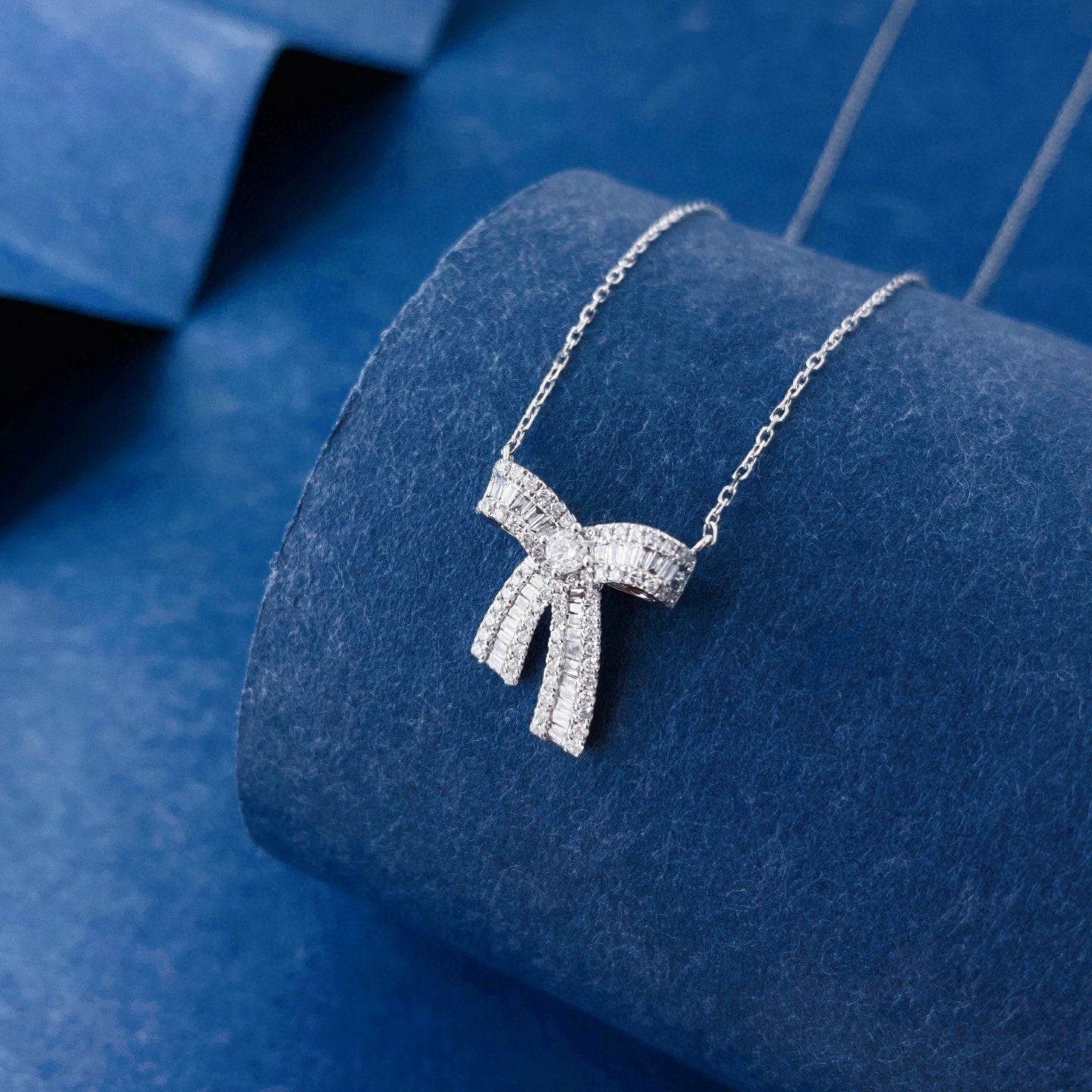 0.4ct Mini Round and Baguette Lab Grown Diamond Bow Necklace in Platinum/ 18K/14K White Gold