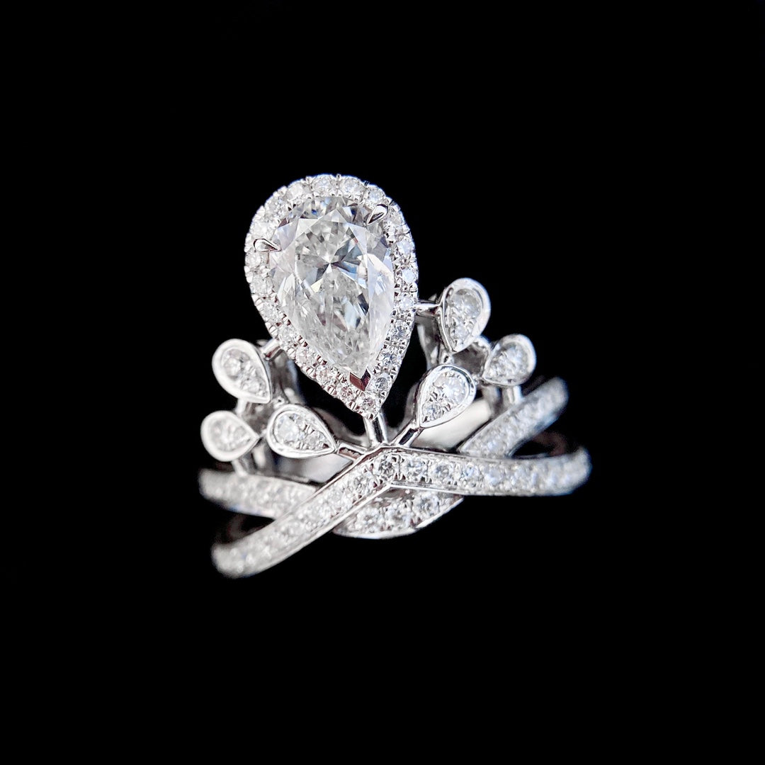 1 ct Pear Crown Style Lab Grown Diamond Engagement Ring in 14K White Gold