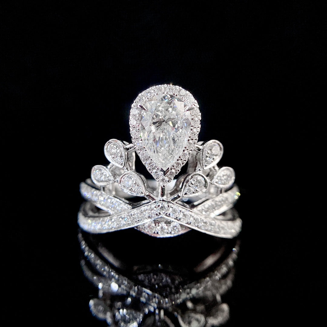 1 ct Pear Crown Style Lab Grown Diamond Engagement Ring in 14K White Gold