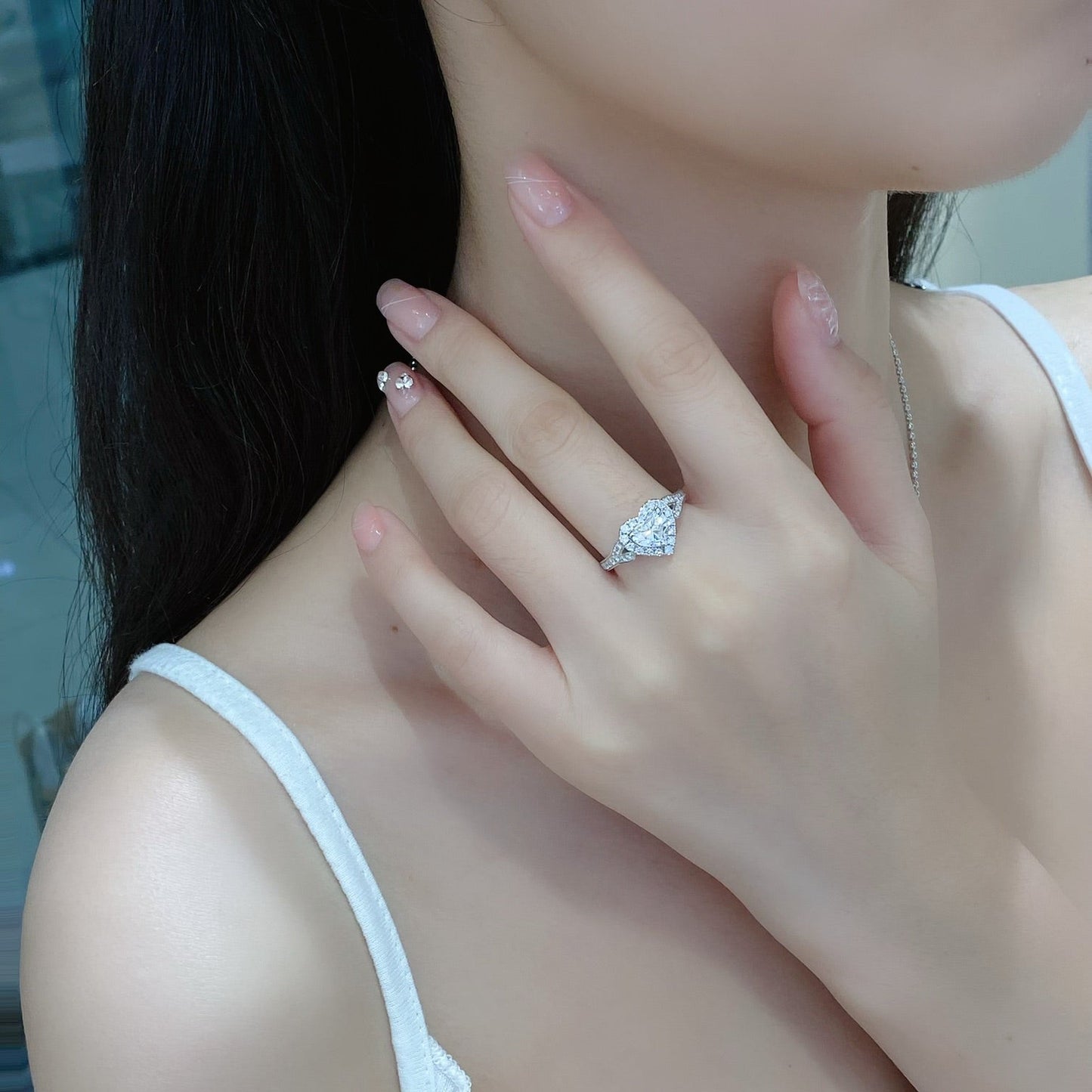 Heart Halo Split Shank Lab Grown Diamond Engagement Ring in 14k White Gold