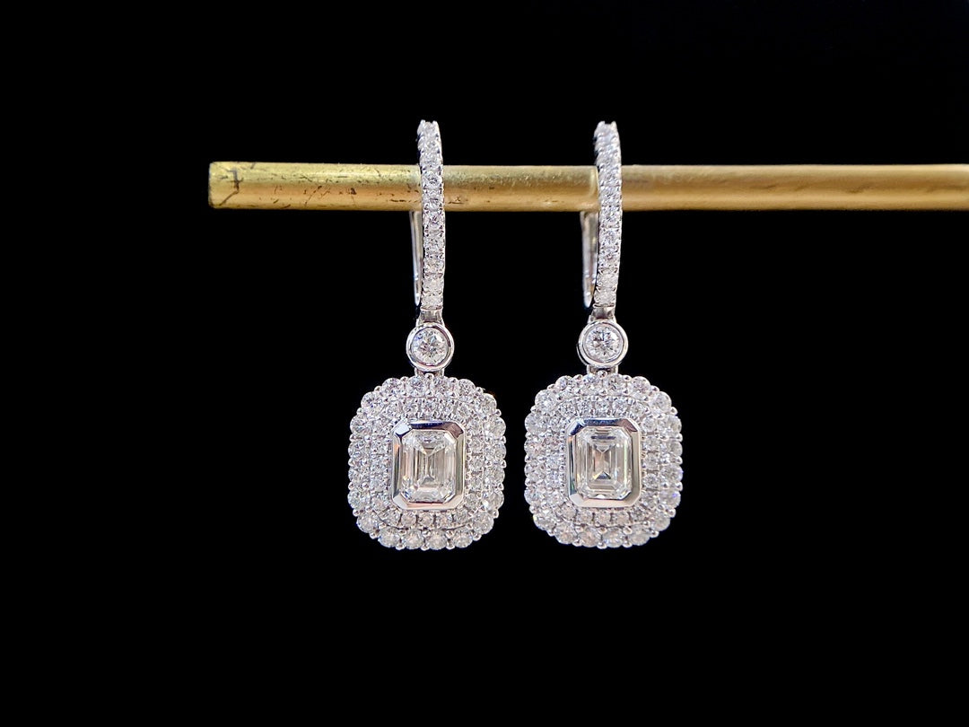 Sparkling Halo Emerlald Bezel Lab Grown Diamond Earrings (Pair)
