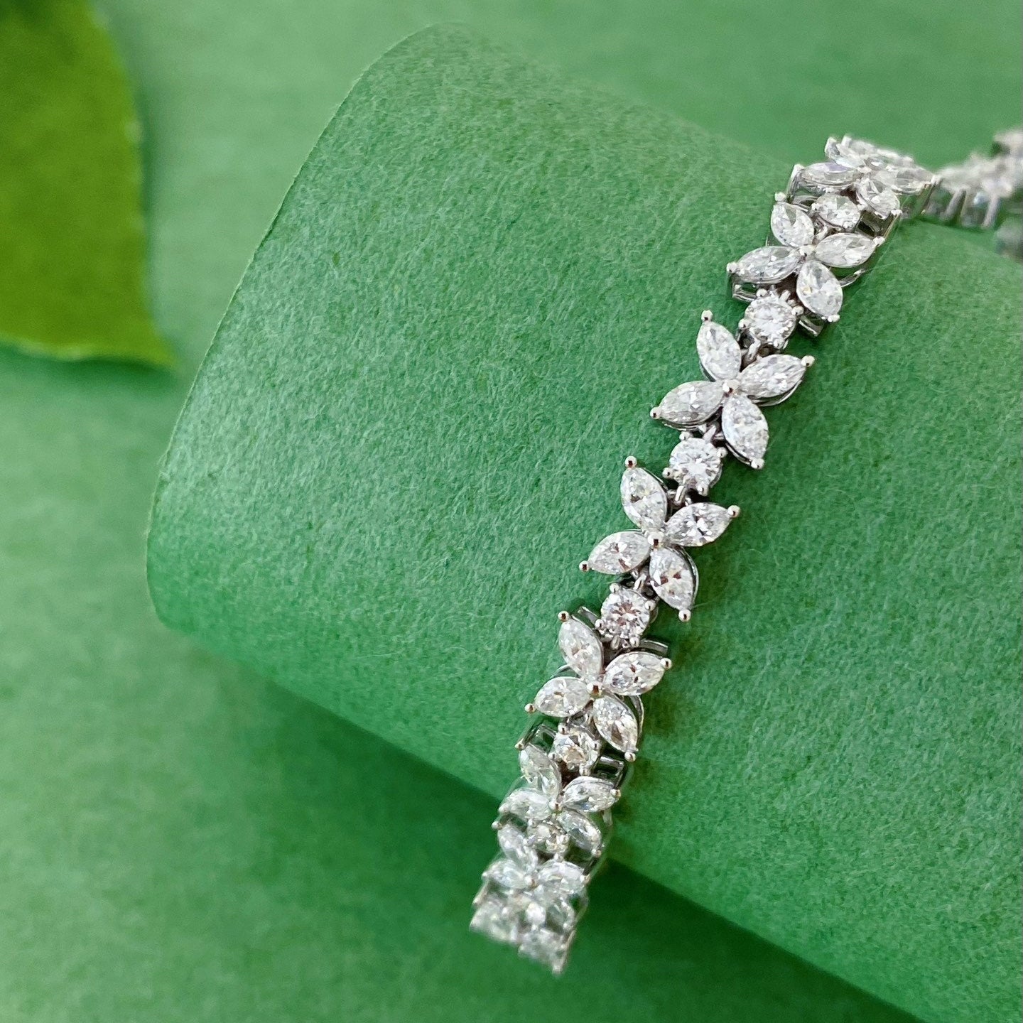 Four Leaf Clover Marquise Lab Grown Diamonds Bracelet 6-7.5 Inch in 14k White Gold