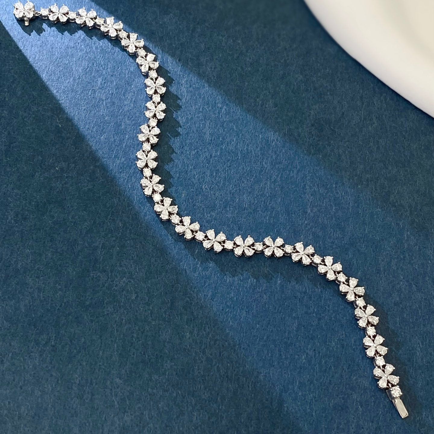 Pear Shaped Four Leaf Clover Lab Grown Diamond Bracelet 6-7.5 Inch in 14k White Gold