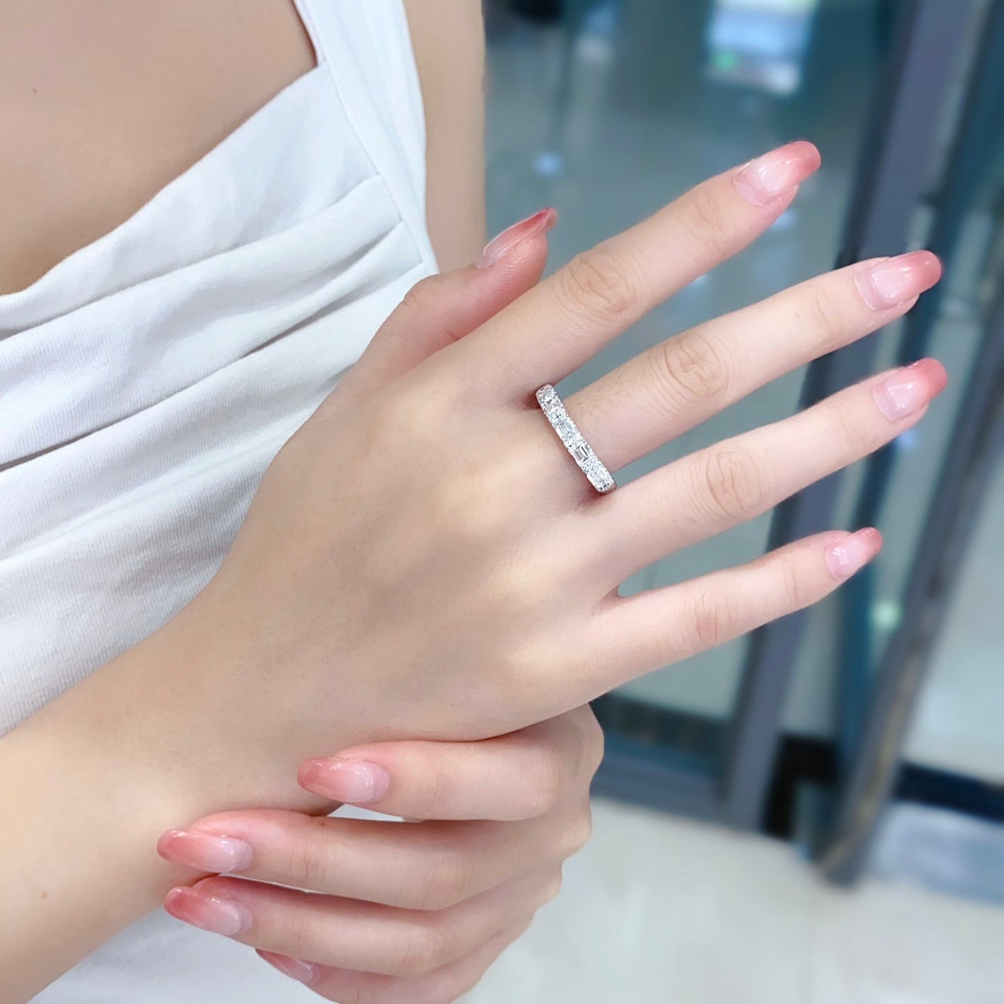 Horizontal Emerald Cut Lab Grown Diamond Half Eternity Band in 14k White Gold