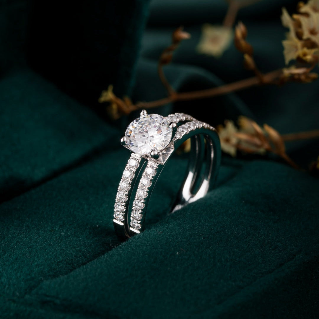 1ct Round cut Lab Grown Diamond Double Pave Ring in 14K White Gold