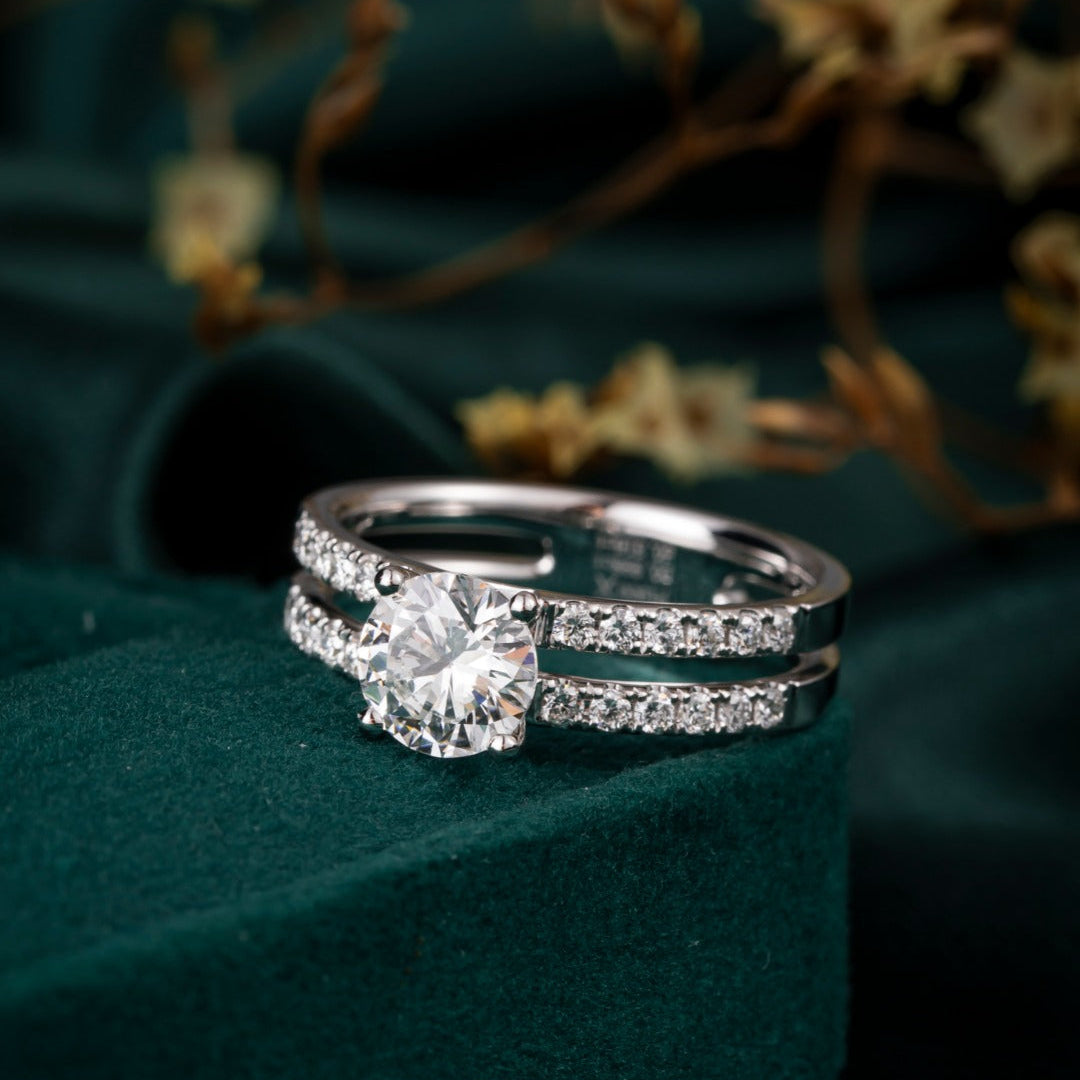 1ct Round cut Lab Grown Diamond Double Pave Ring in 14K White Gold