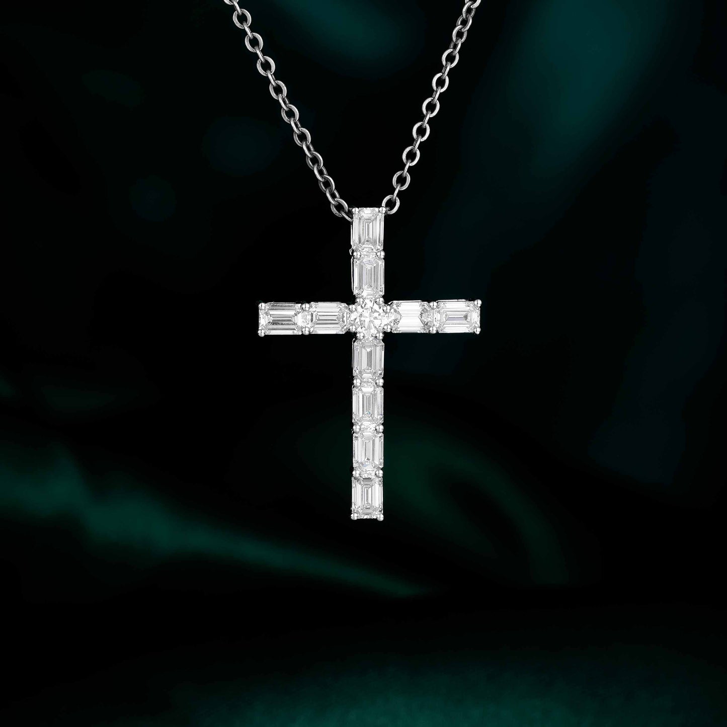 1.321 ctw Emerald Cut Diamond Cross Pendant Necklace in 14K White Gold