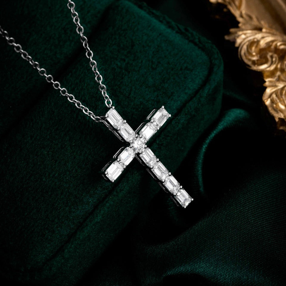 1.321 ctw Emerald Cut Diamond Cross Pendant Necklace in 14K White Gold