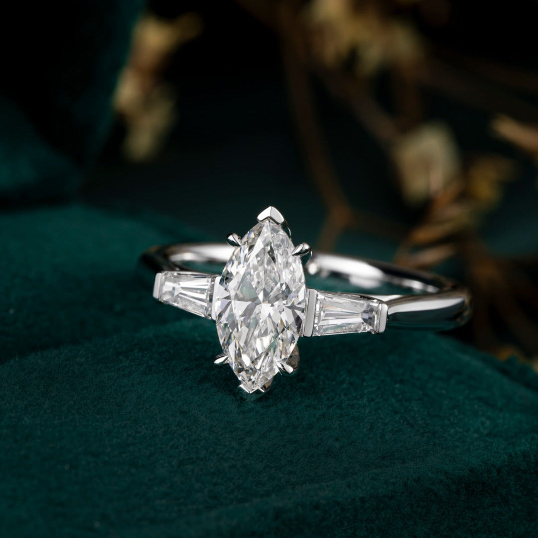 1ct Three Stone Marquise Cut Lab Grown Diamond with Tapered Baguette Ring in 14k White Gold
