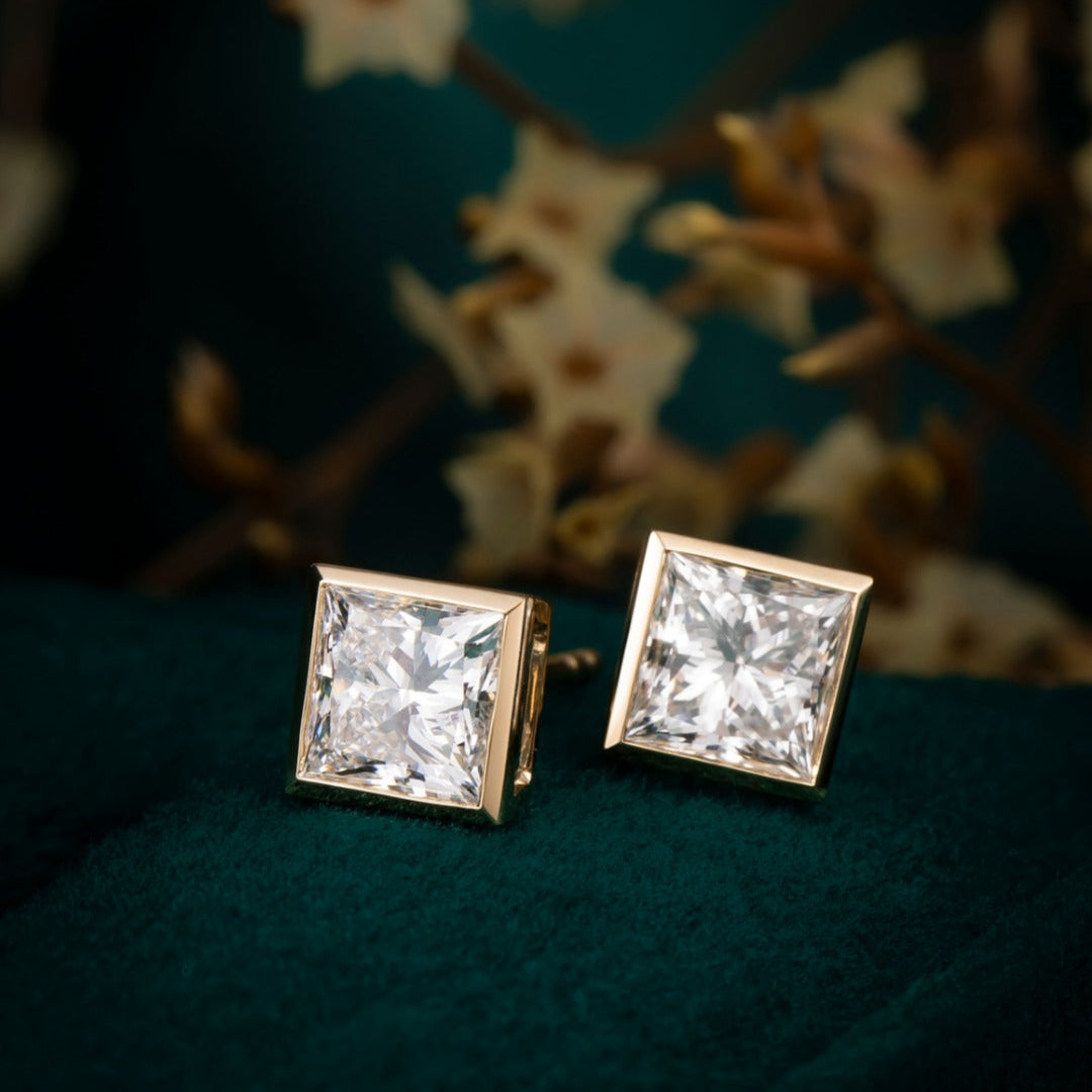 1.0 ctw Bezel Princess Cut Earstuds (Pair) in 14k Yellow Gold
