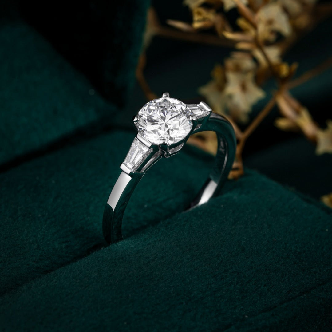 1 ct Three Stone Round Tapered Baguette Lab Grown Diamond Engagement Ring 14k White Gold