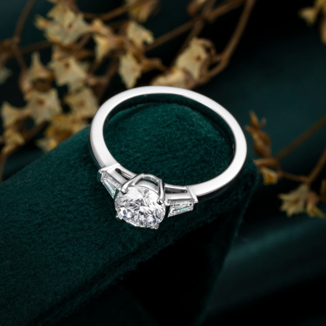 1 ct Three Stone Round Tapered Baguette Lab Grown Diamond Engagement Ring 14k White Gold