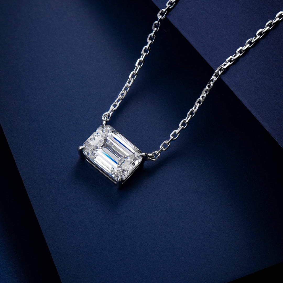 1 carat Emerald Cut Lab Diamond East-West Pendant Necklace with 14K white gold