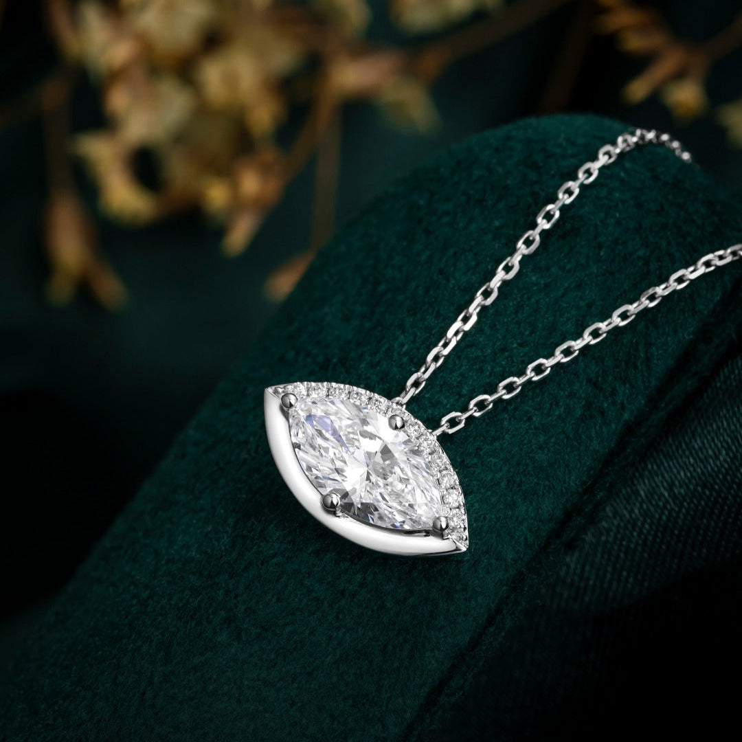 1 ct Marquise Half Halo Lab Grown Diamond Necklace (Evil Eye) 16-18 Inch in 14k White Gold