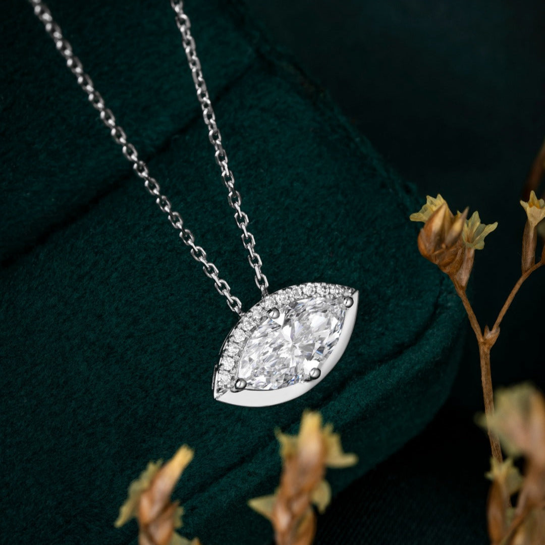 1 ct Marquise Half Halo Lab Grown Diamond Necklace (Evil Eye) 16-18 Inch in 14k White Gold