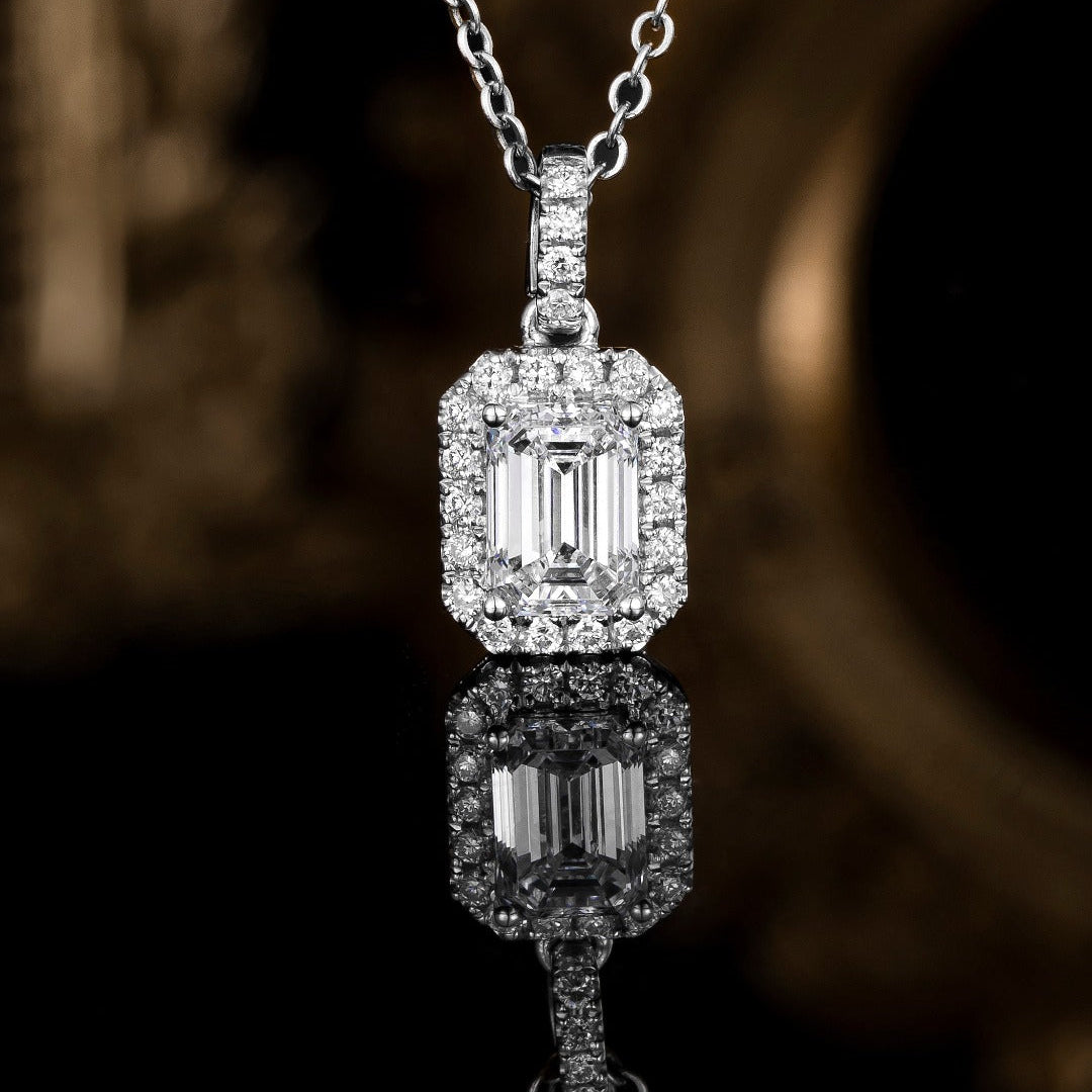 1 ct Emerald Cut Halo Lab Grown Diamond Pendant Necklace in Platinum