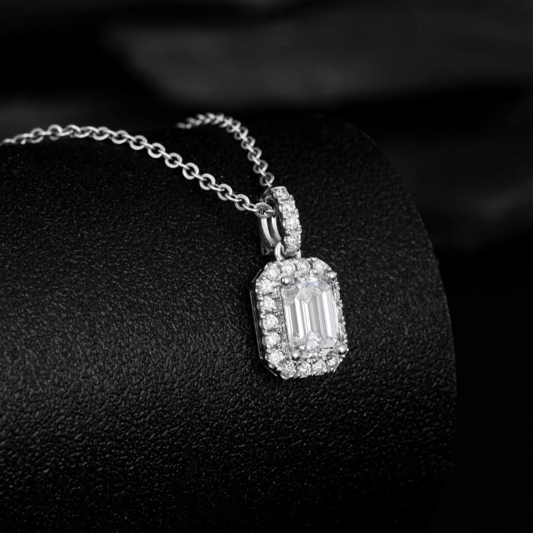 1 ct Emerald Cut Halo Lab Grown Diamond Pendant Necklace in Platinum