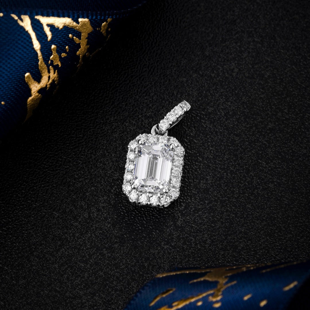 1 ct Emerald Cut Halo Lab Grown Diamond Pendant Necklace in Platinum