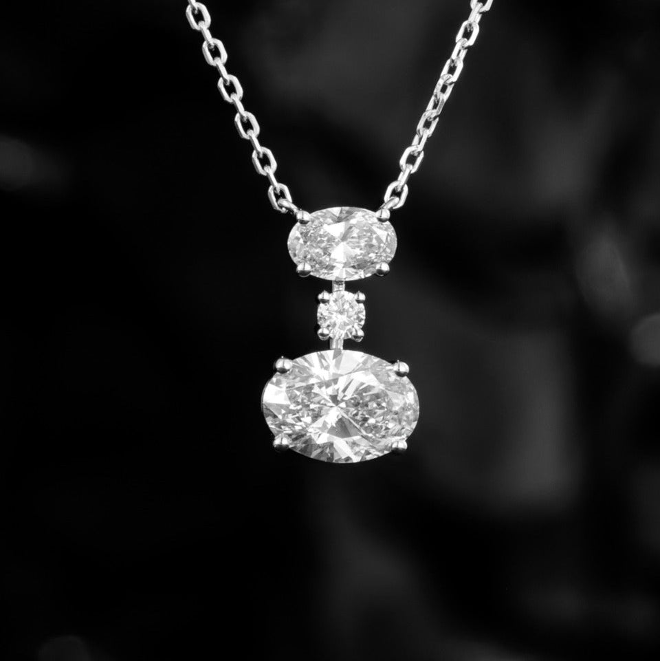 Vertically Graduated Three stone Oval Lab Grown Diamond Pendant Necklace 16-18 Inch in 14k White Gold