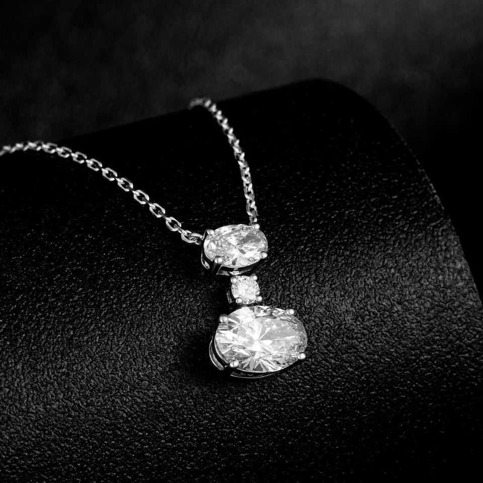 Vertically Graduated Three stone Oval Lab Grown Diamond Pendant Necklace 16-18 Inch in 14k White Gold