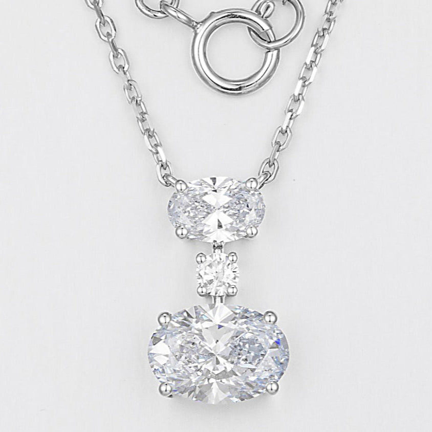Vertically Graduated Three stone Oval Lab Grown Diamond Pendant Necklace 16-18 Inch in 14k White Gold