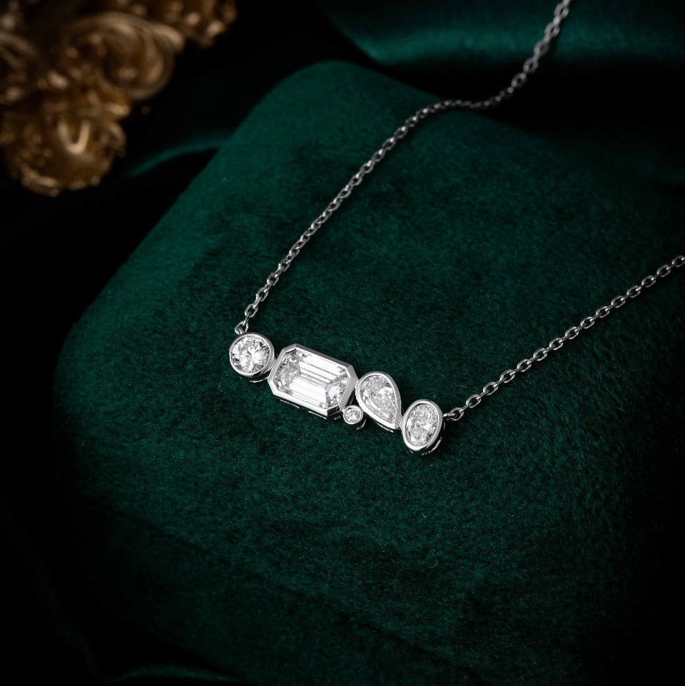 1 ct Mixed Fancy Shape Lab Grown Diamond Bezel Bar Necklace 16-18 Inch in 14k White Gold
