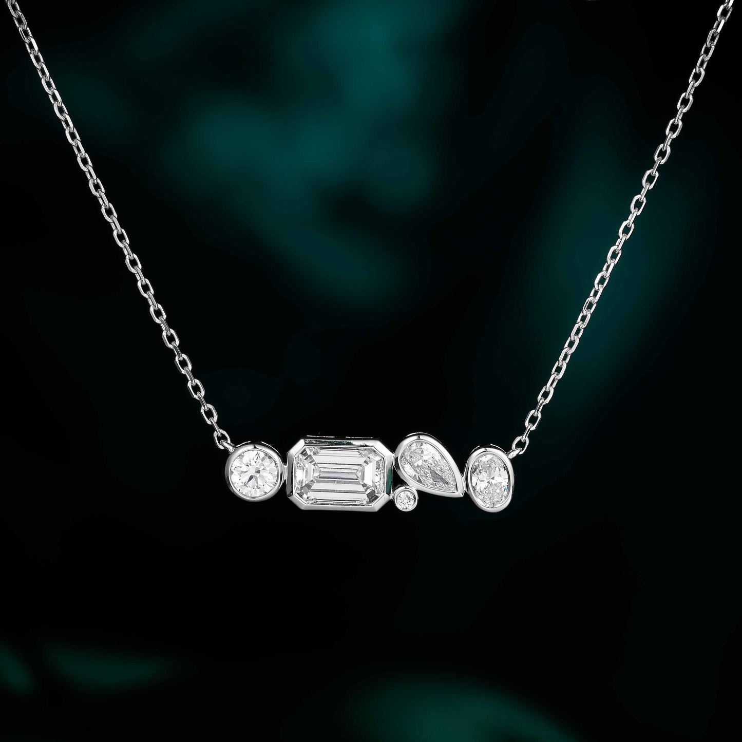 1 ct Mixed Fancy Shape Lab Grown Diamond Bezel Bar Necklace 16-18 Inch in 14k White Gold