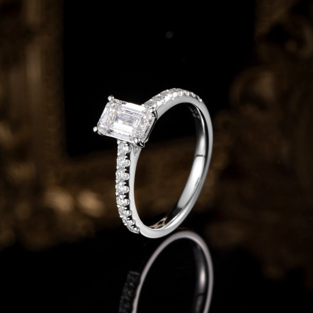 1 ct Emerald Cut Pave Lab Grown Diamond Engagement Ring in 14k White Gold