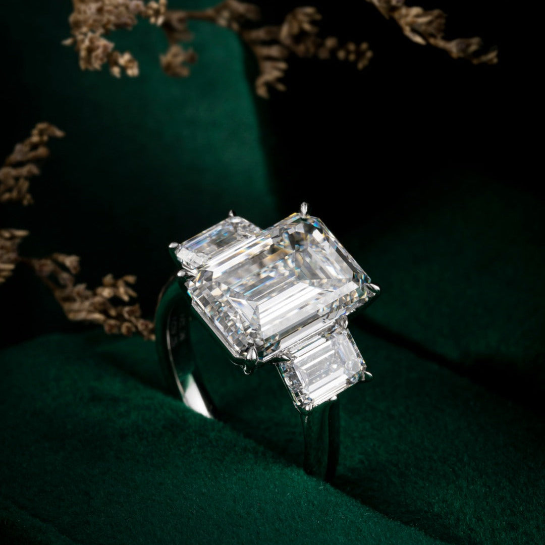 7ct Three Stone Emerald Lab Grown Diamond Engagement Ring in Platinum