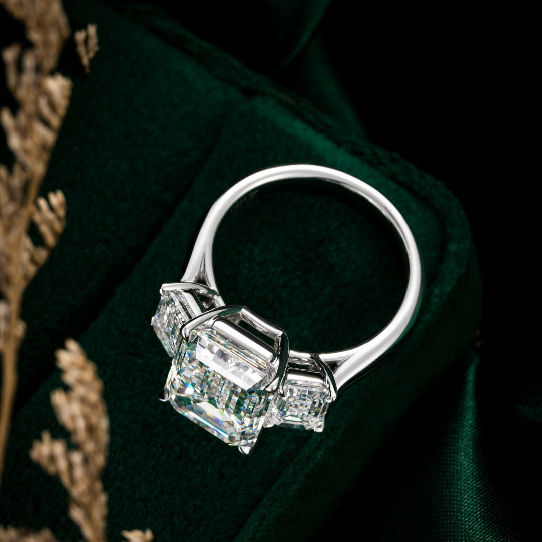 7ct Three Stone Emerald Lab Grown Diamond Engagement Ring in Platinum