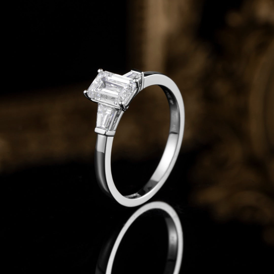 1 ct Three Stone Emerald &Tapered Baguette Lab Grown Diamond Engagement Ring in Platinum