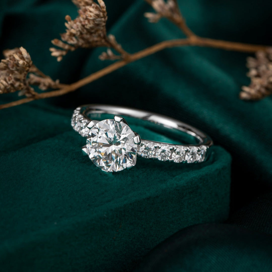 1ct Round 6 Prong Pave Lab Grown Diamond Engagement Ring in 14K White Gold