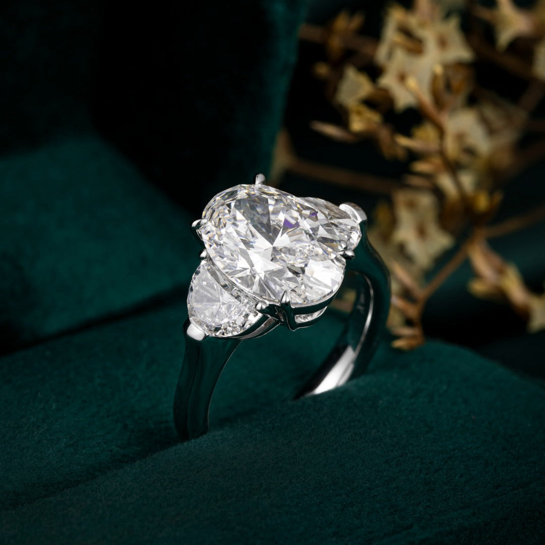 4ct Oval Diamond Three-Stone Half-Moon Sidestone Diamond Engagement Ring in Platinum