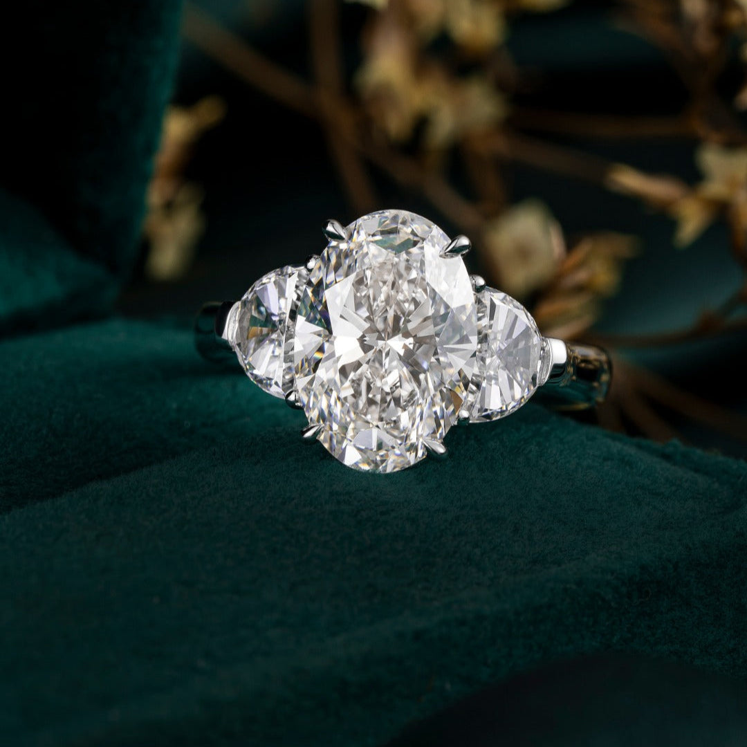4ct Oval Diamond Three-Stone Half-Moon Sidestone Diamond Engagement Ring in Platinum