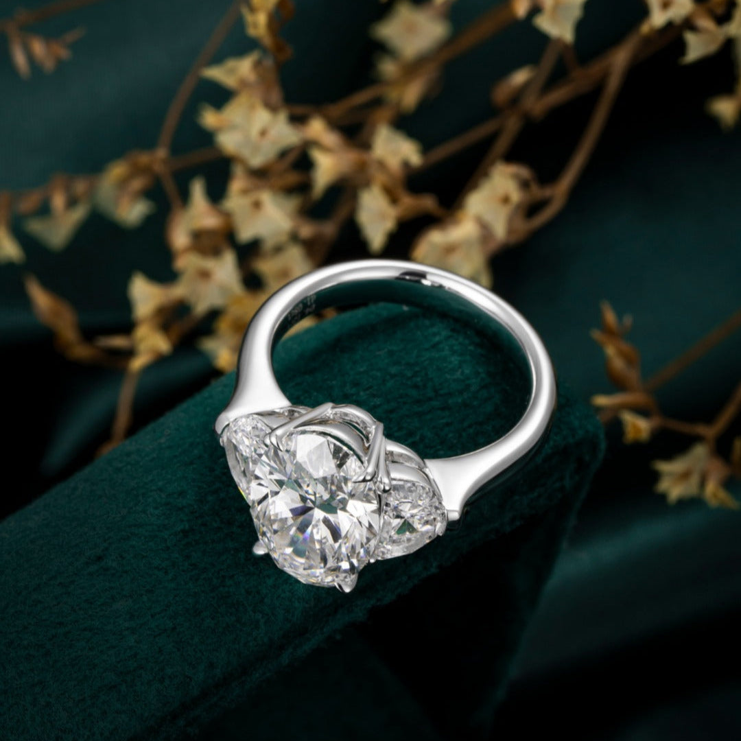4ct Oval Diamond Three-Stone Half-Moon Sidestone Diamond Engagement Ring in Platinum