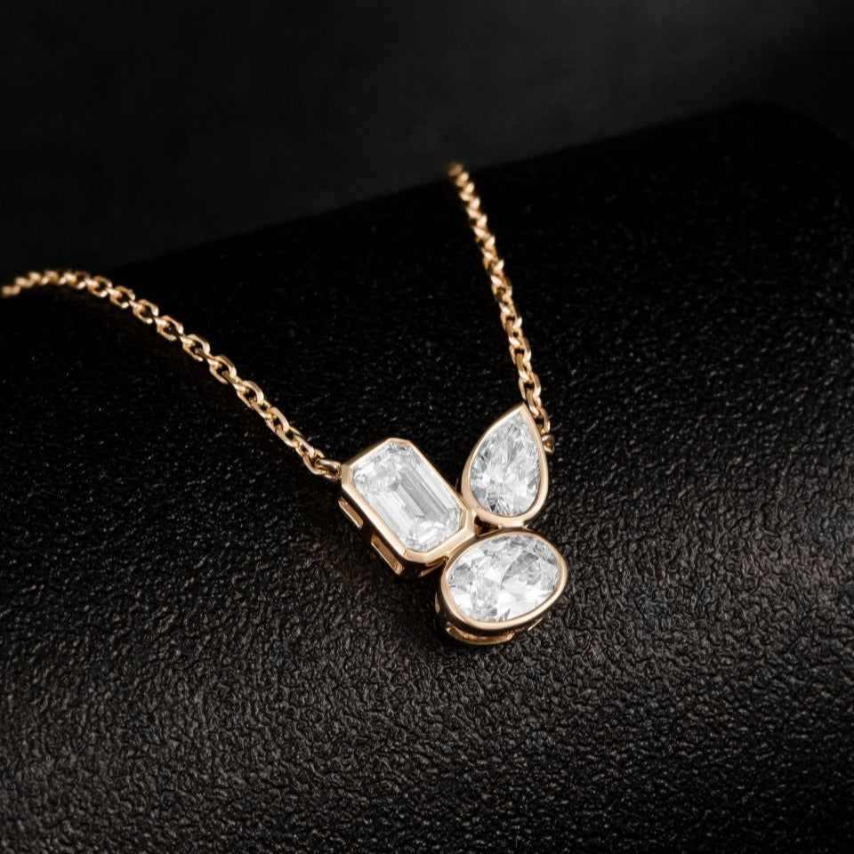 0.7ctw Bezel Cluster Fancy Shape Lab Grown Diamond Necklace 16-18 Inch in 14k Yellow Gold