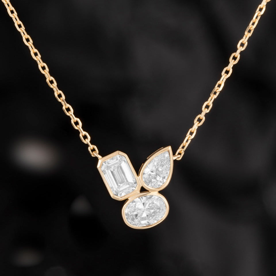 0.7ctw Bezel Cluster Fancy Shape Lab Grown Diamond Necklace 16-18 Inch in 14k Yellow Gold