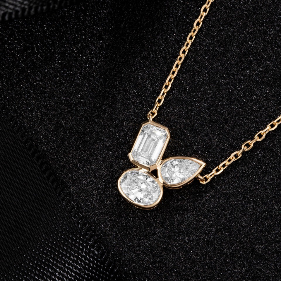 0.7ctw Bezel Cluster Fancy Shape Lab Grown Diamond Necklace 16-18 Inch in 14k Yellow Gold