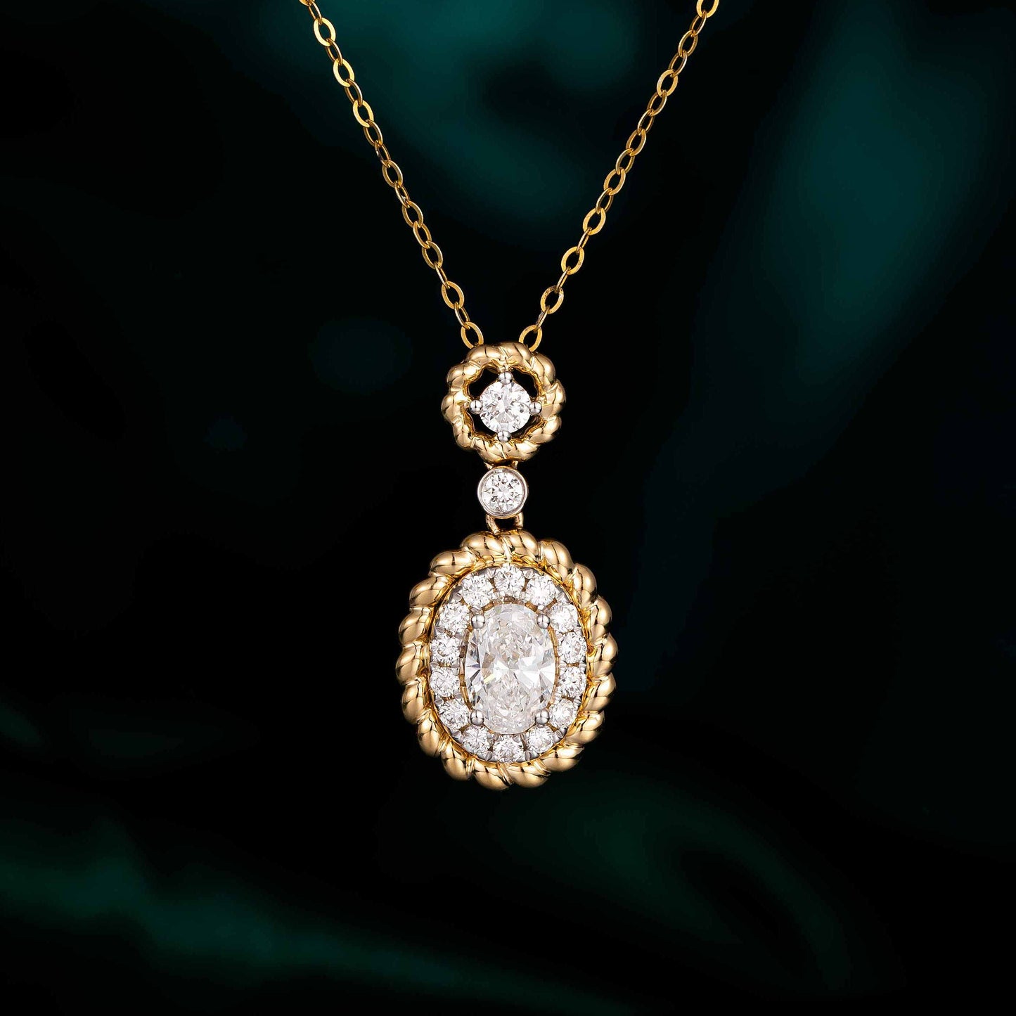 4/5 ctw Vintage Oval Halo Lab Grown Diamond Pendant in 14k Yellow Gold