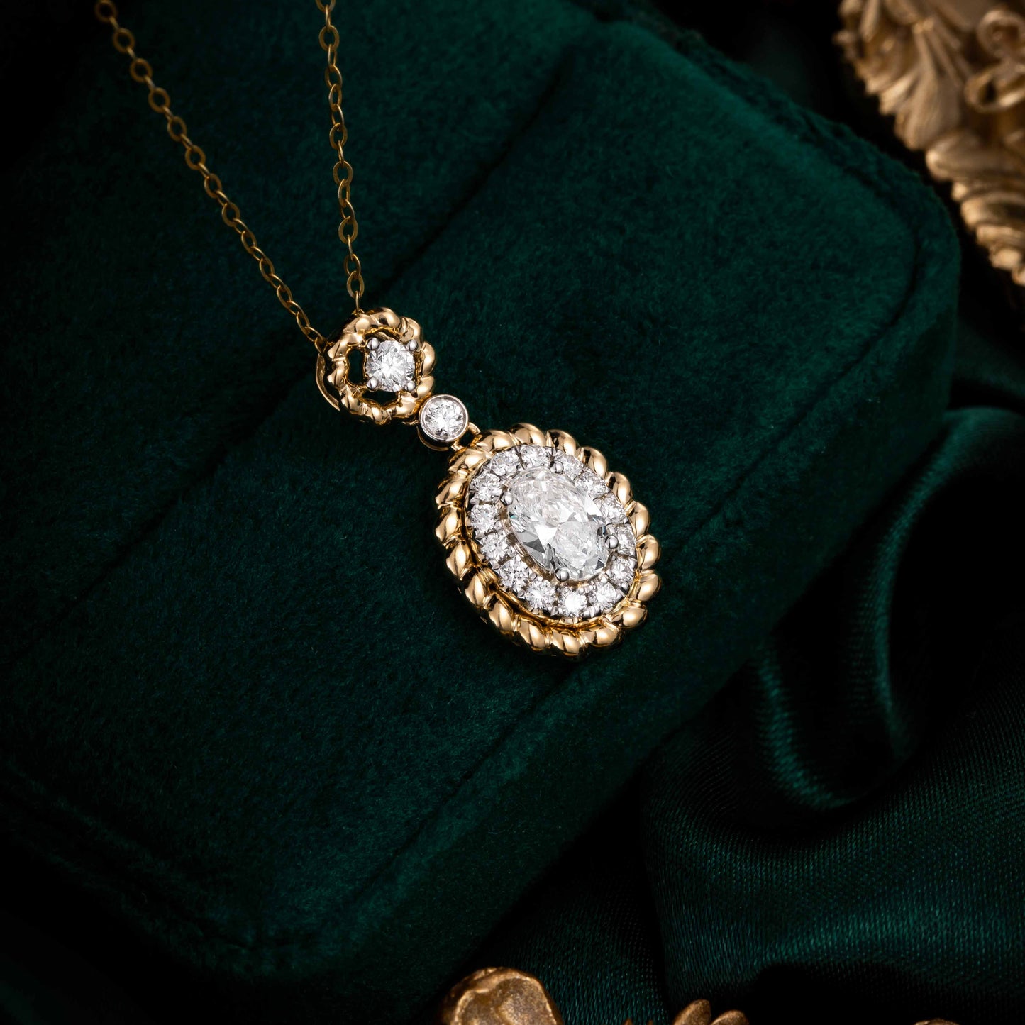 Vintage Oval Halo Lab Grown Diamond Pendant in 14k Yellow Gold
