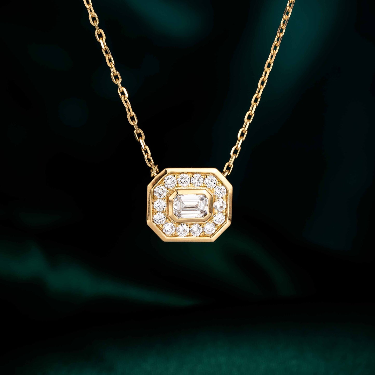 Bezel Emerald Halo Lab Grown Diamond Necklace 16-18 Inch in 14k Yellow Gold