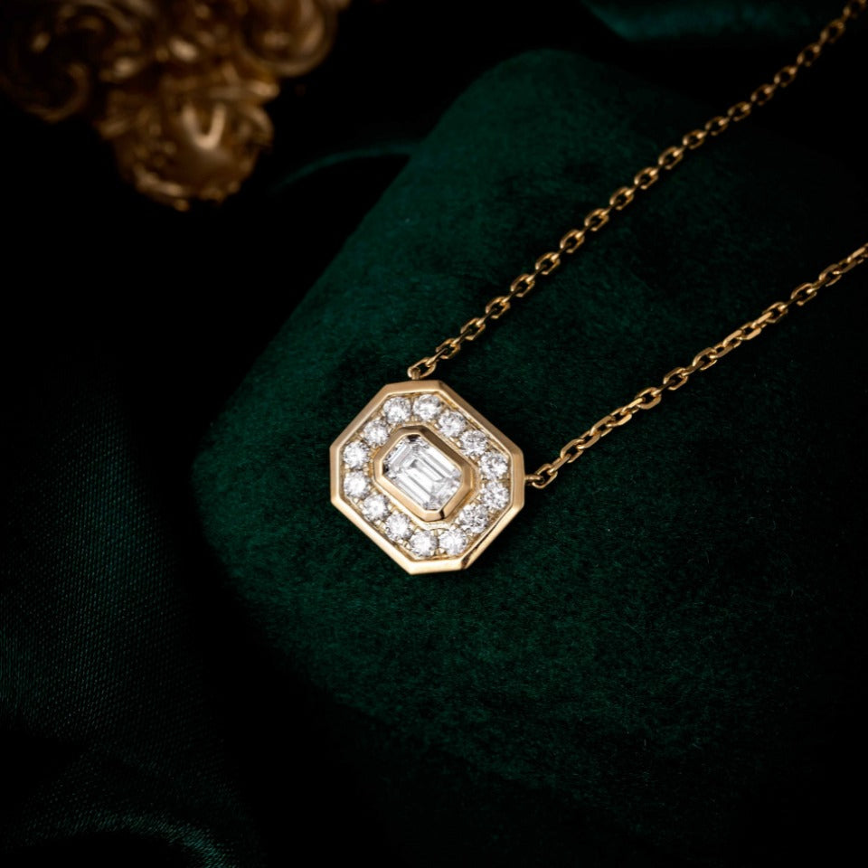 Bezel Emerald Halo Lab Grown Diamond Necklace 16-18 Inch in 14k Yellow Gold
