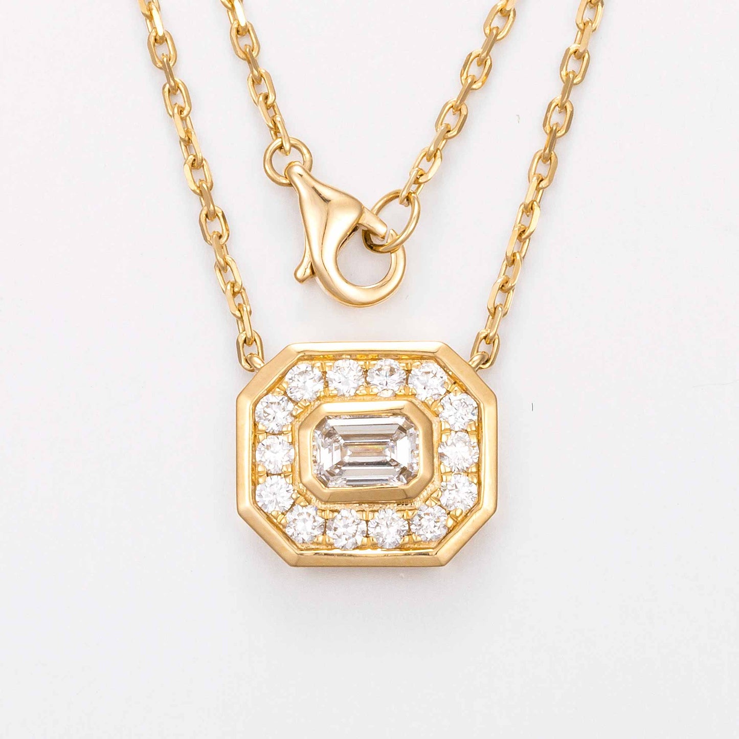 Bezel Emerald Halo Lab Grown Diamond Necklace 16-18 Inch in 14k Yellow Gold