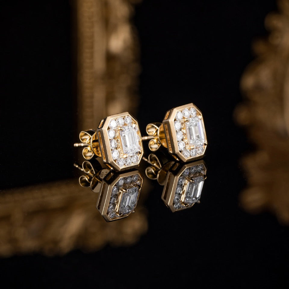 1.6ctw Bezel Emerald Halo Lab Grown Diamonds Earstuds (Pair) in 14k Yellow Gold