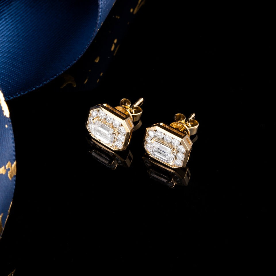 1.6ctw Bezel Emerald Halo Lab Grown Diamonds Earstuds (Pair) in 14k Yellow Gold