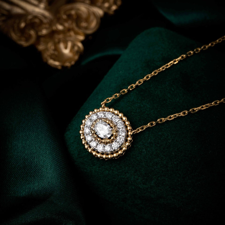 Contemporary Oval Halo Lab Grown Diamond Pendant 16-18 Inch in 14k Yellow Gold
