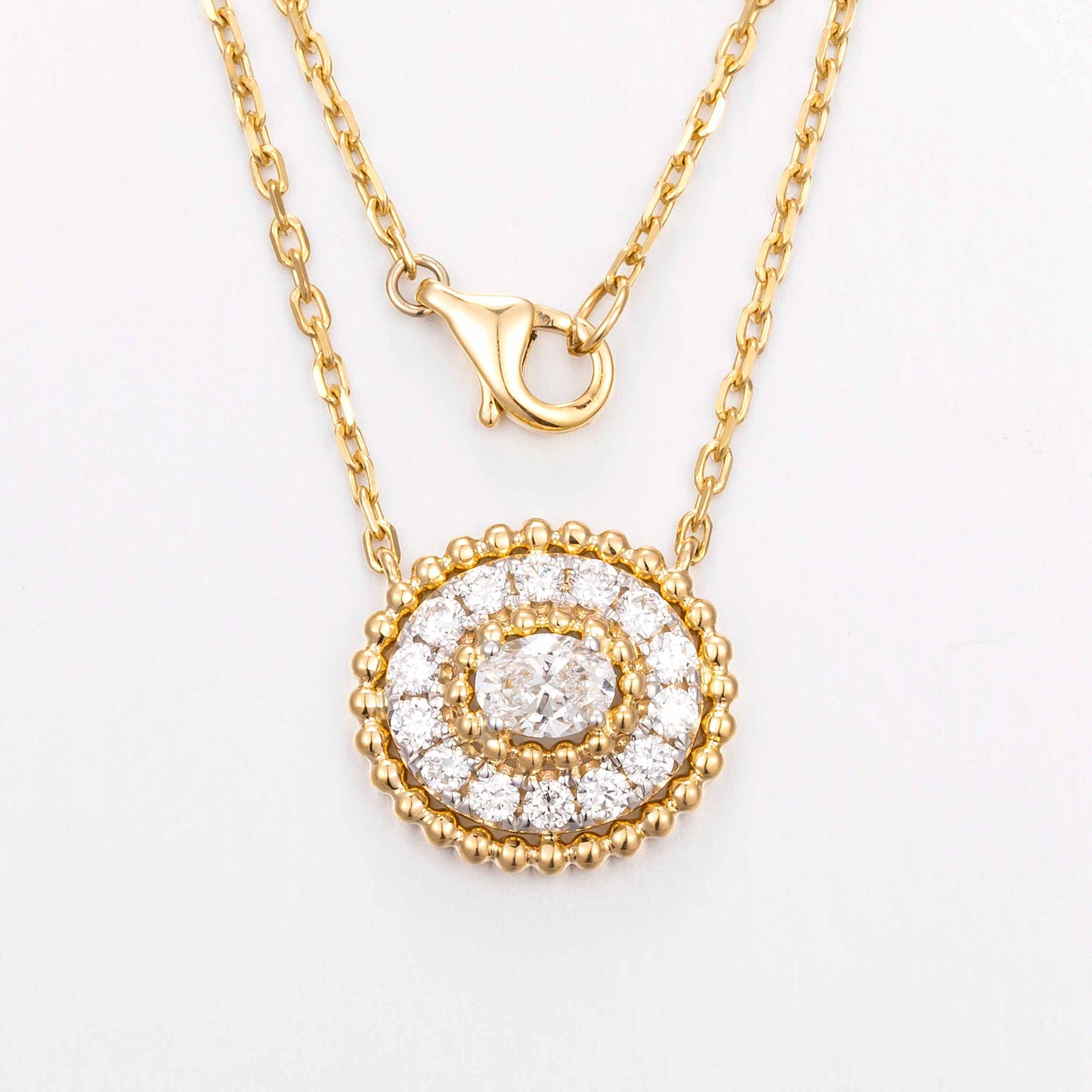 Contemporary Oval Halo Lab Grown Diamond Pendant 16-18 Inch in 14k Yellow Gold