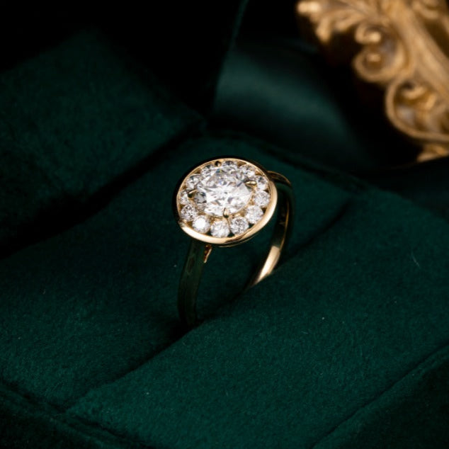 1ct Bezel Round Halo Lab Grown Diamond Engagement Ring in 14k Yellow Gold