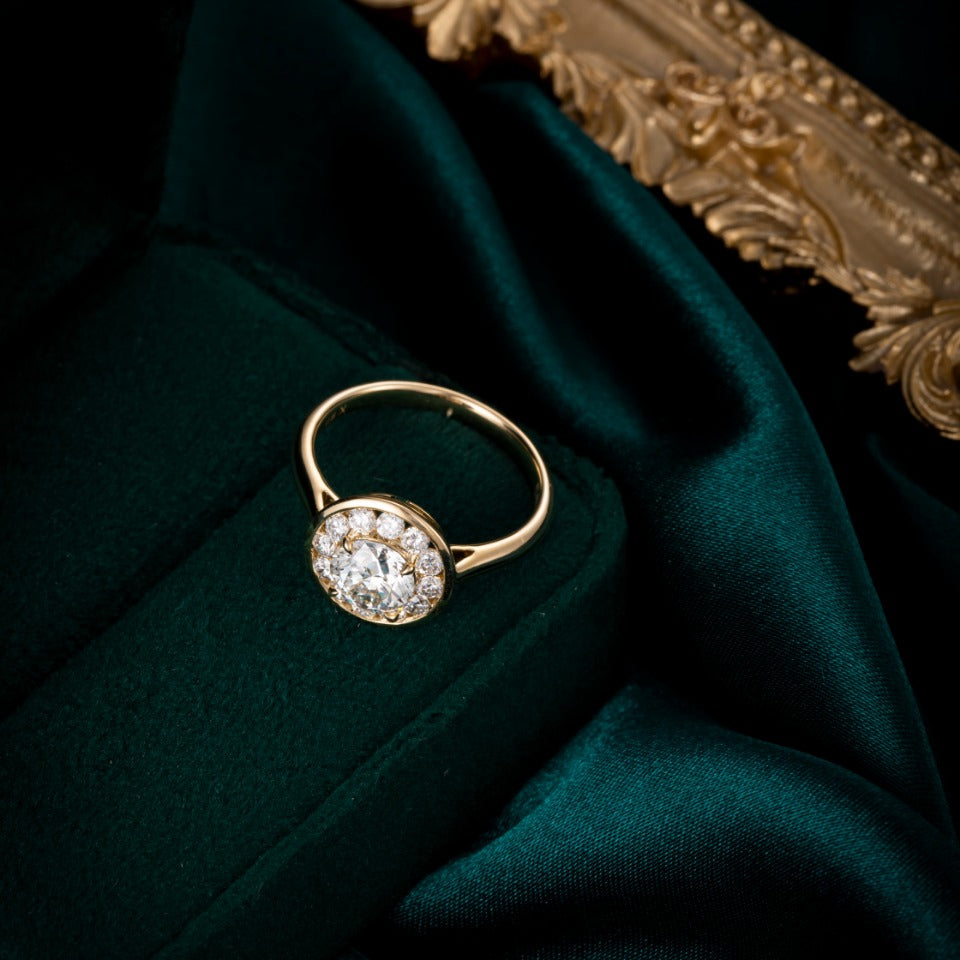 1ct Bezel Round Halo Lab Grown Diamond Engagement Ring in 14k Yellow Gold