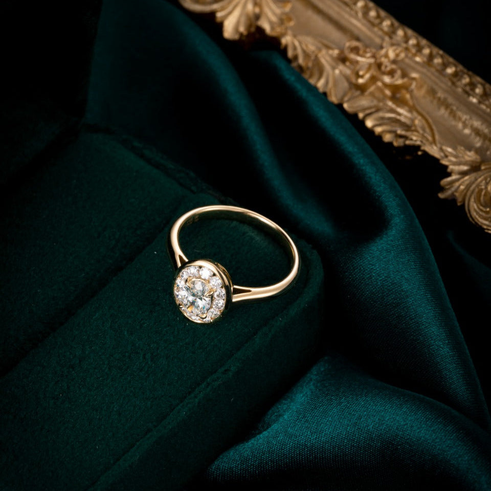 1/2 ct Bezel Oval Halo Lab Grown Diamond Engagement Ring in 14k Yellow Gold